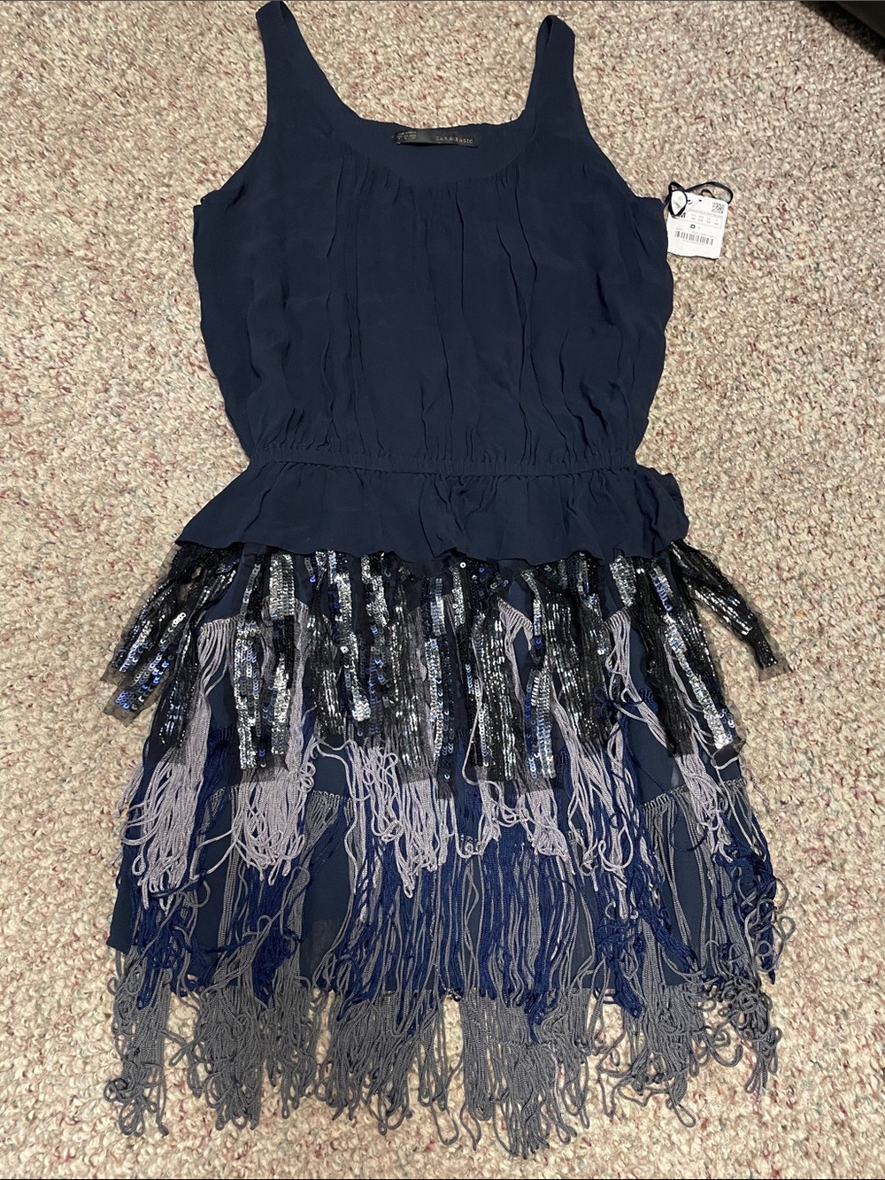Zara limited edition Navy/silver Fringe Sequin Dress- nwt- stunning